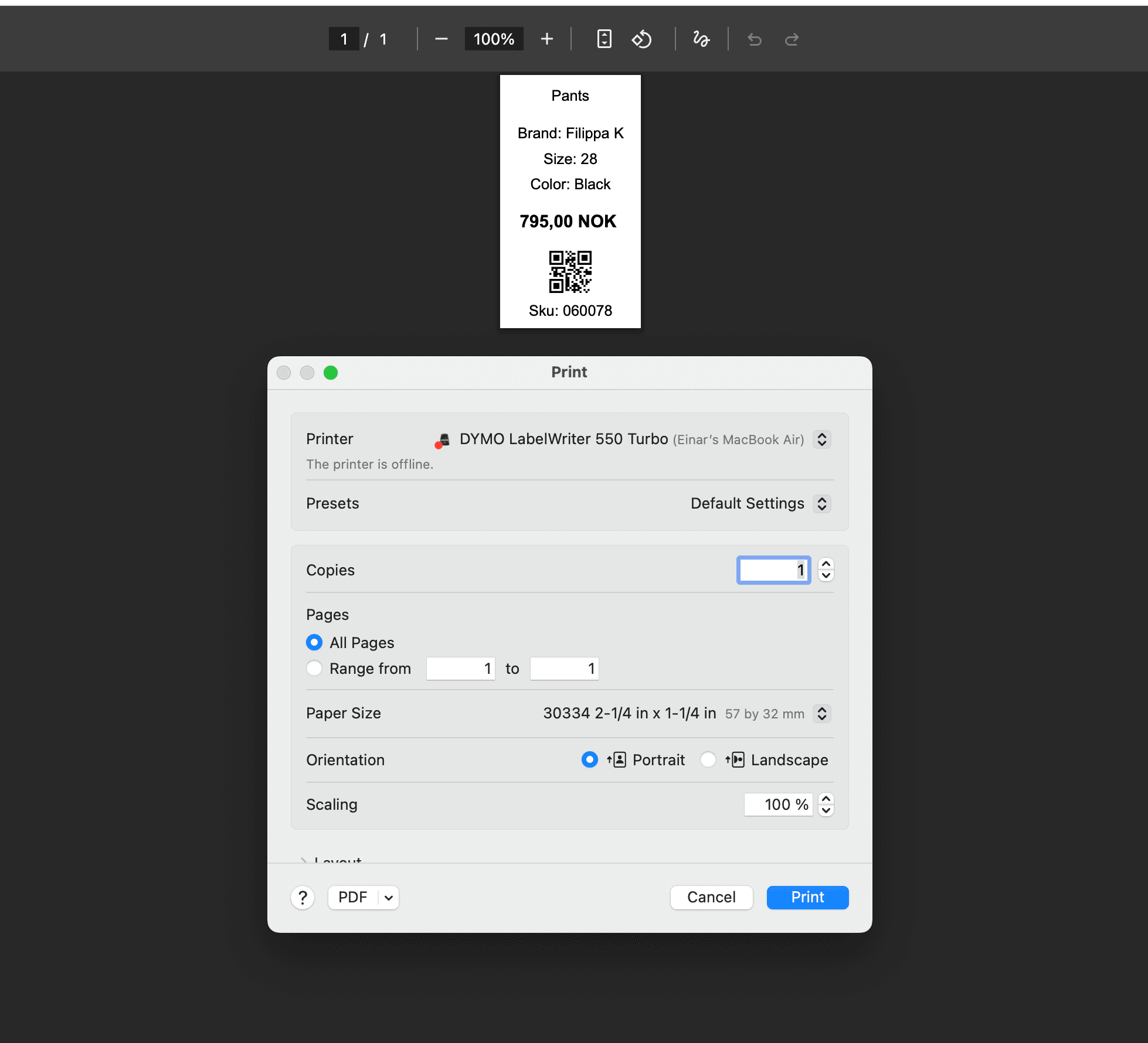 printer settings for printing labels with Circular